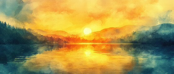 Wall Mural - a beautiful painting of a sunset over a lake with mountains in the background