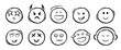 © OlivaGreen - Doodle emoji face icons set. Sketch style ink brush vector. Different expressions vector faces. Devil, angel, listening to music, in love, laughing, hypnosis, star eyed.