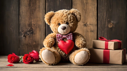 Cute teddy bear holding a red heart, surrounded by gift boxes and red roses, placed against a rustic wooden background.  
