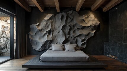 Wall Mural - Modern bedroom with large textured wall art, dark walls, wooden beams, and platform bed.