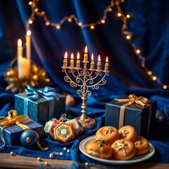 Wall Mural - Image of jewish holiday Hanukkah with menorah (traditional candelabra) and gifts