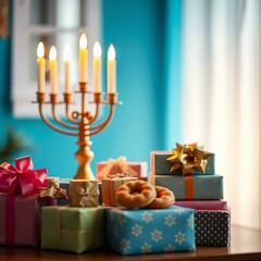 Wall Mural - Image of jewish holiday Hanukkah with menorah (traditional candelabra) and gifts
