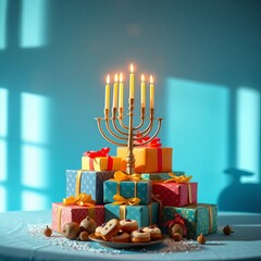 Wall Mural - Image of jewish holiday Hanukkah with menorah (traditional candelabra) and gifts