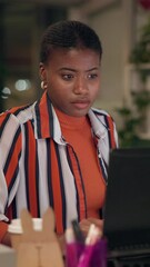 Poster - Laptop, research and web development with business black woman in office for launch deadline. Computer, internet and night with developer employee in professional workplace for late evening planning