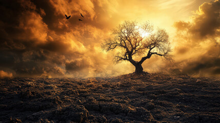 Wall Mural - a tree stands alone in a field with a cloudy sky in the background