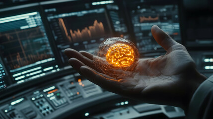 Glowing orb in hand, futuristic tech control room.