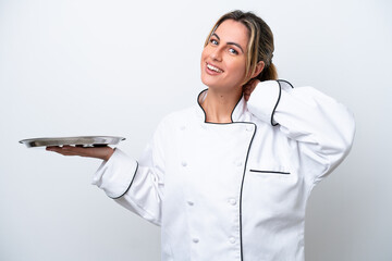 Canvas Print - Young chef woman with tray isolated on white background laughing