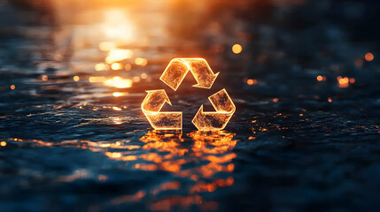 Canvas Print - Glowing recycle symbol on water at sunset.