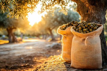 Wall Mural - Golden hour sunlight illuminates two burlap sacks overflowing with freshly harvested green olives at an olive grove.