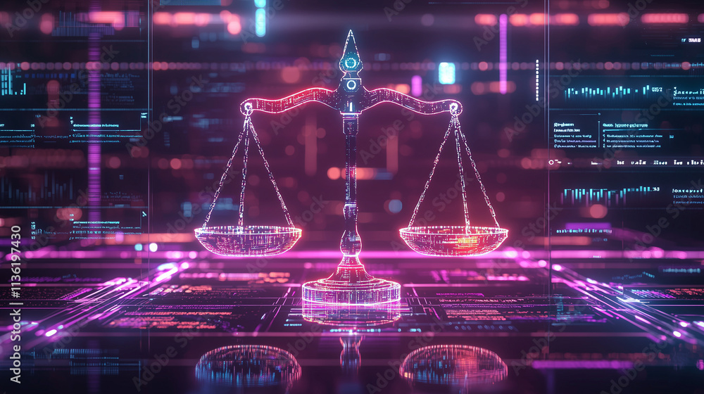 glowing digital scale of justice is displayed against a background of ...