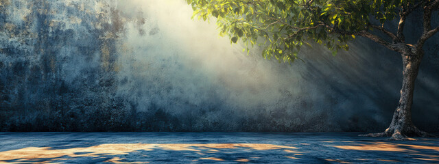 Wall Mural - A tree is in the foreground of a wall with a blue background