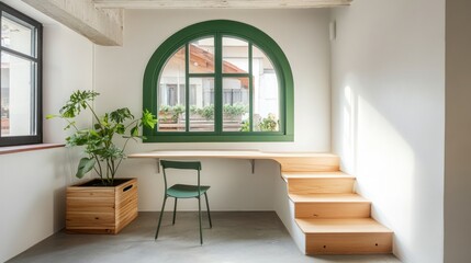 Wall Mural - Modern minimalist home office with arched window, built-in desk, and wooden stairs.