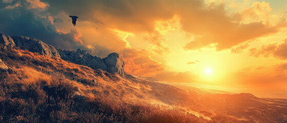 Wall Mural - A bird flies over a hillside with a beautiful sunset in the background
