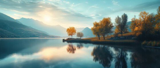 Wall Mural - A serene lake with a beautiful sunset in the background