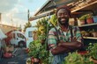 © Aleksandr - Proud gardener smiles next to service van amidst lush greenery in professional garden setting