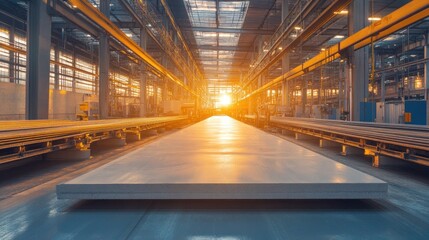 Wall Mural - An industrial concrete slab manufacturing plant with conveyor systems moving raw concrete through different production stages.