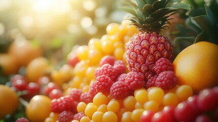 A blurred tropical fruit spread with soft warm lighting for a vibrant summery feel