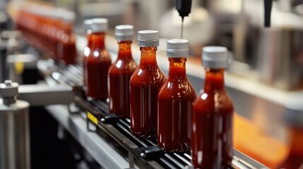 Wall Mural - A streamlined sauce production line factory with automated equipment processing, filling, and packaging sauce bottles.