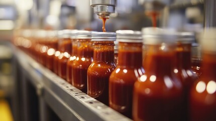 Wall Mural - Inside a high-tech sauce production factory, with machinery blending sauces, filling bottles, and preparing them for shipment.