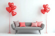 © Nyetock - Grey bench with cushions and heart-shaped balloons near white wall. Valentine's Day celebration. 3d rendering