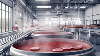 Wall Mural - Sauce production line factory featuring large vats for cooking sauces, automated conveyors, and labeling machines for finished products.