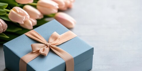 A pastel pink setting lovingly presents a blue gift box tied with a peach ribbon, accompanied by elegant tulips.