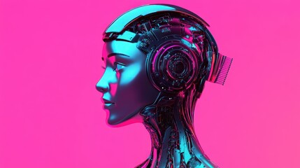 Metallic female robot head profile, vibrant pink background.