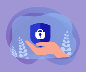 Wall Mural - hand holding blue shield with lock. protection of personal data or information flat vector illustrat