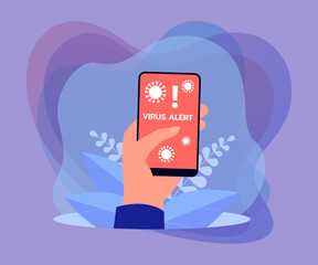 Wall Mural - hand holding cellphone with virus alert on screen. person getting virus warning flat vector illustra