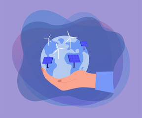 Wall Mural - hand holding globe with solar panels and wind turbines. alternative sources of energy flat vector il