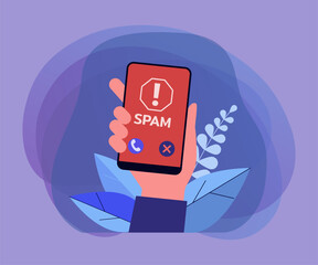 Wall Mural - hand holding smartphone with spam call warning on screen. dangerous call flat vector illustration. s