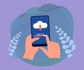 Wall Mural - hand of cloud storage user holding phone and downloading file. download progress bar flat vector ill