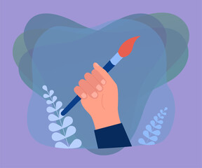 Wall Mural - hand of female artist holding paintbrush. painter or designer holding brush flat vector illustration