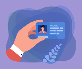 Wall Mural - hand of company worker holding id card. pass with photo and information of male employee flat vector
