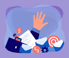 Wall Mural - hand of busy employee coming out of pile of paperwork. overworked worker under emails and documents 
