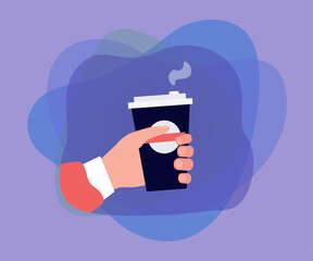 Wall Mural - hand of worker or student holding coffee cup. person with hot drink from coffee shop flat vector ill