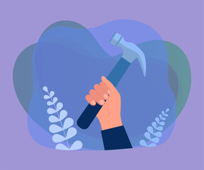 Wall Mural - hand of repairman or carpenter holding hammer. person with tool flat vector illustration. repair ser
