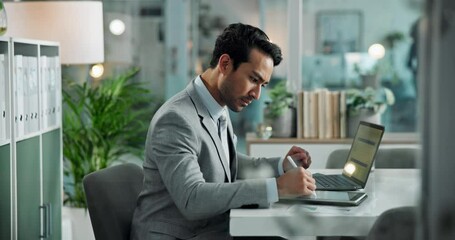 Aufkleber - Laptop, tablet and typing with business man at desk in office to update online account or report. Administration, data analysis and information storage with financial employee at work for compliance