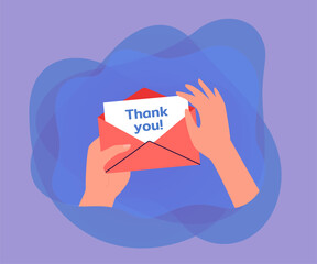 Wall Mural - hands opening thank you letter. person taking card out of envelope flat vector illustration. communi