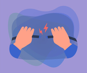 Wall Mural - hands tearing apart cable. damaged or broken electrical wire flat vector illustration. electricity, 