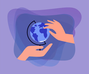 Wall Mural - huge hands holding and turning globe. hand of person showing continent or choosing place of travel f