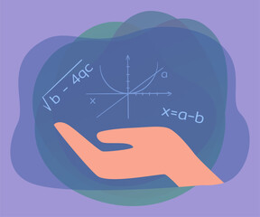 Wall Mural - parabola equation and formulas above human hand. parabola curve, student doing mathematics task flat