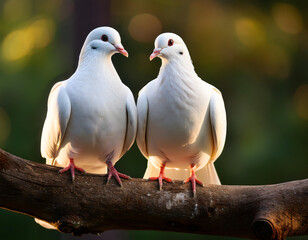 Ttwo white doves sitting on a branch