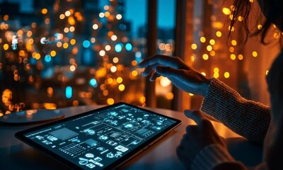 Poster - A person interacts with a digital tablet displaying data analytics.