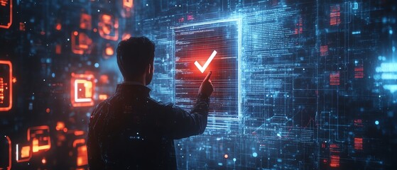 Poster - Digital documents and files with a verification check symbol, mans hand touching the mark, holographic technology background with space for text