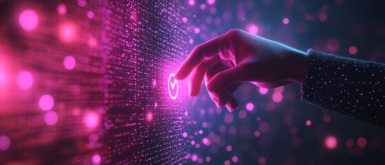 Poster - Digital documents and files with a verification check symbol, mans hand touching the mark, holographic technology background with space for text