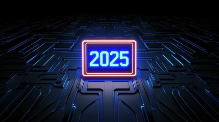 Wall Mural - glowing neon 2025 sign on futuristic circuit board.
