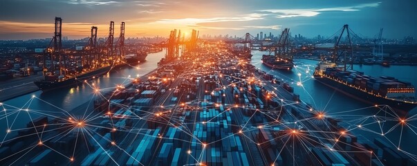 Poster - Global business logistics concept, hightech technology interface connecting global partners, seamless digital network connections, modern design