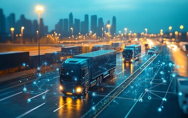 Poster - Global business logistics concept with technology interface, connecting partners worldwide through digital connections, sleek and modern design