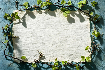 Wall Mural - Blank parchment paper framed by spring vines on blue background.